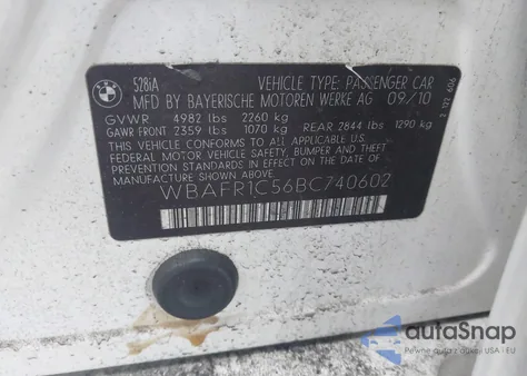 2011 BMW 528I z USA, uszkodzony, nr VIN WBAFR1C56BC740602